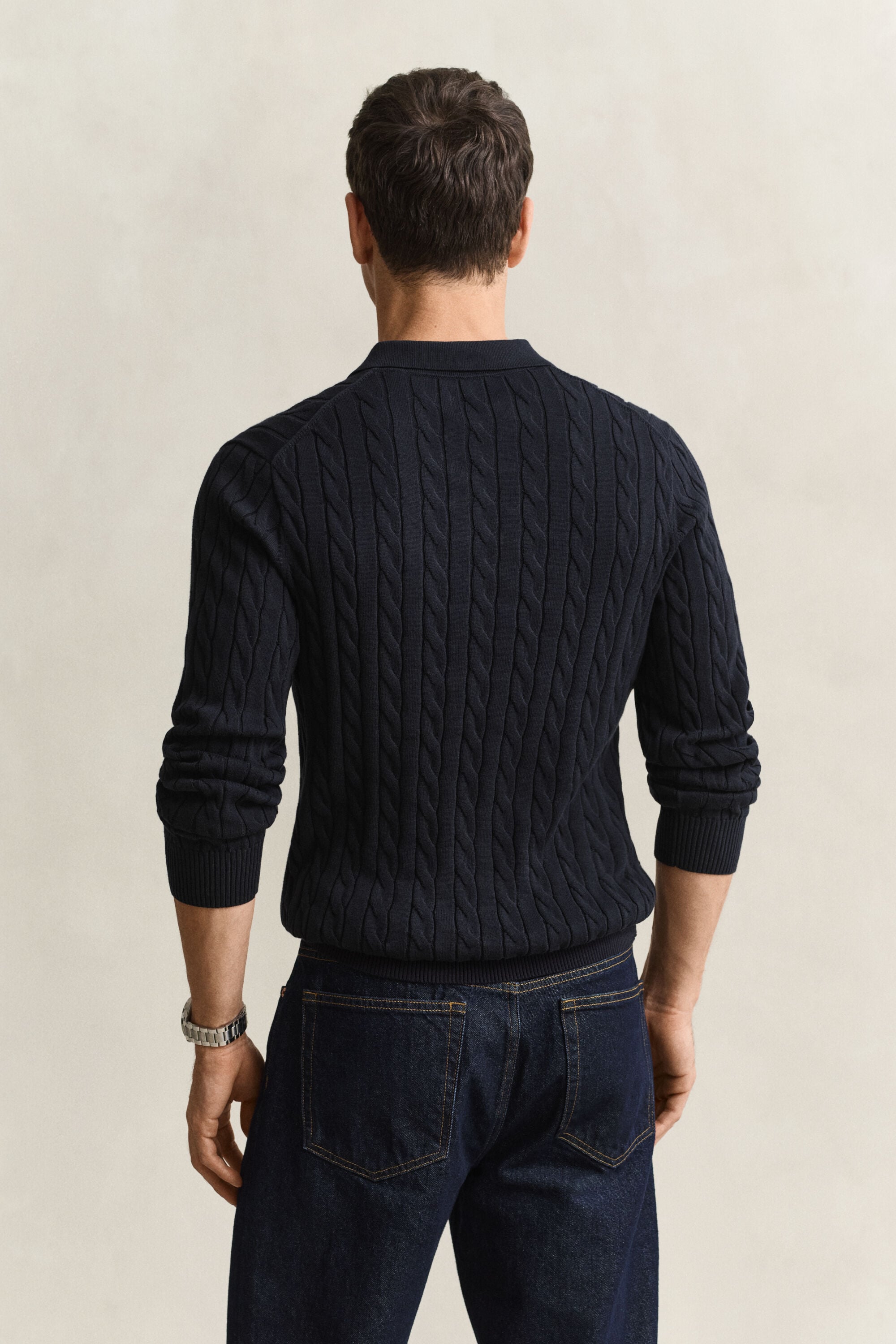 Camisola de malha tipo polo em malha entrançada de algodão