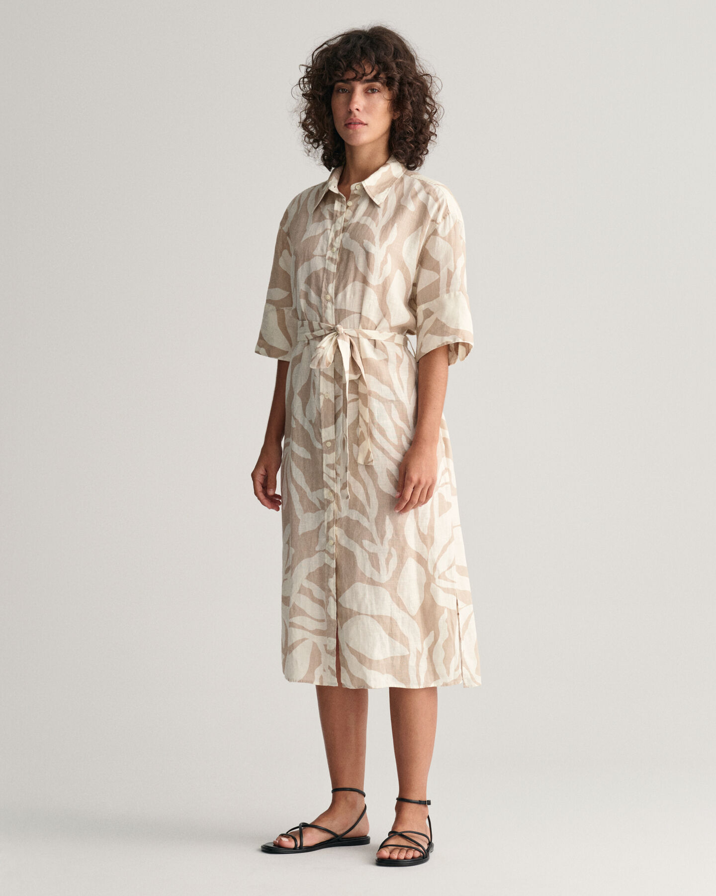 Vestido-camisa em linho Palm Print