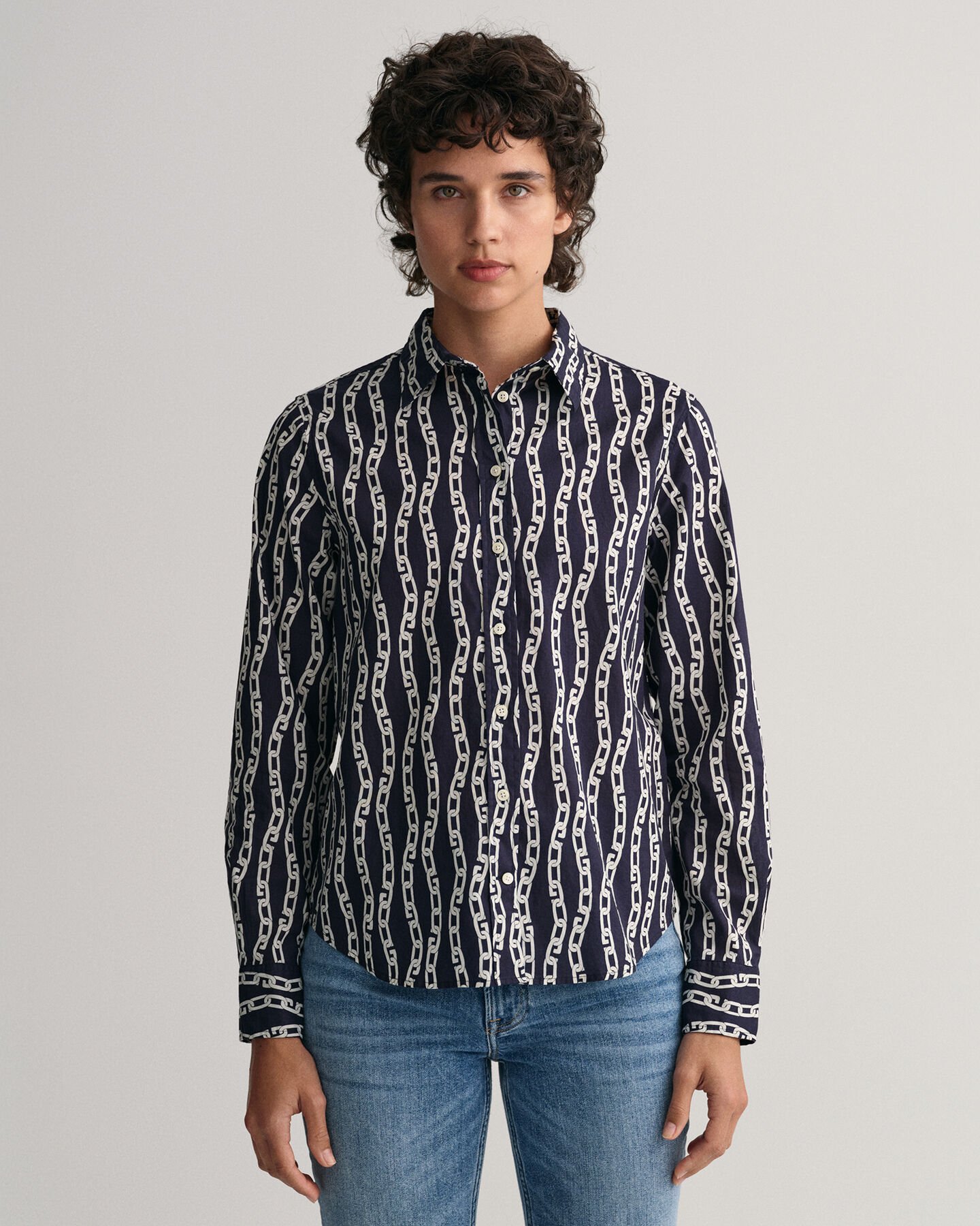 Camisa em voile de algodão com estampado Chain corte normal