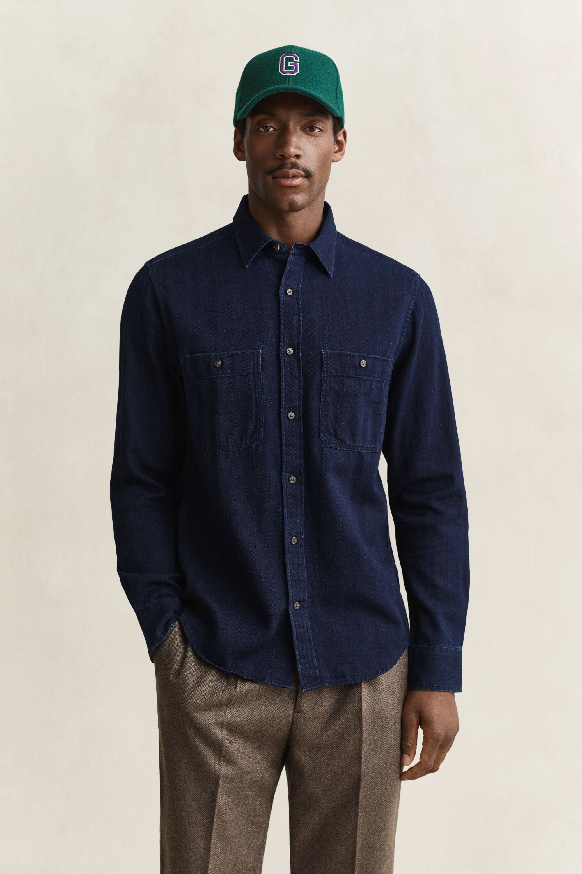 Camisa com padrão espinha de peixe índigo