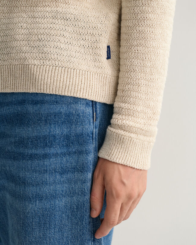 Pulover com decote redondo em linho e algod&atilde;o Textured