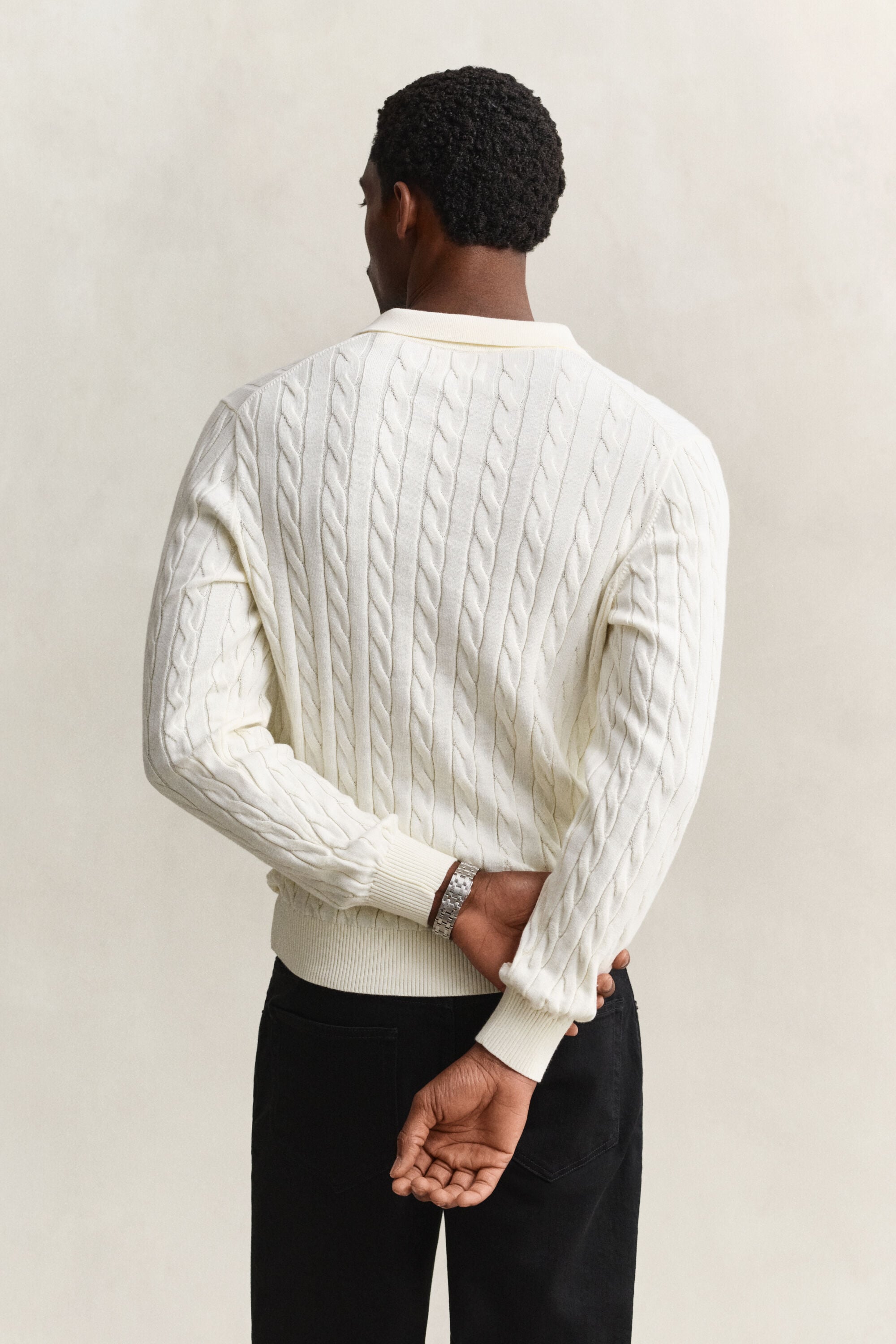 Camisola de malha tipo polo em malha entrançada de algodão