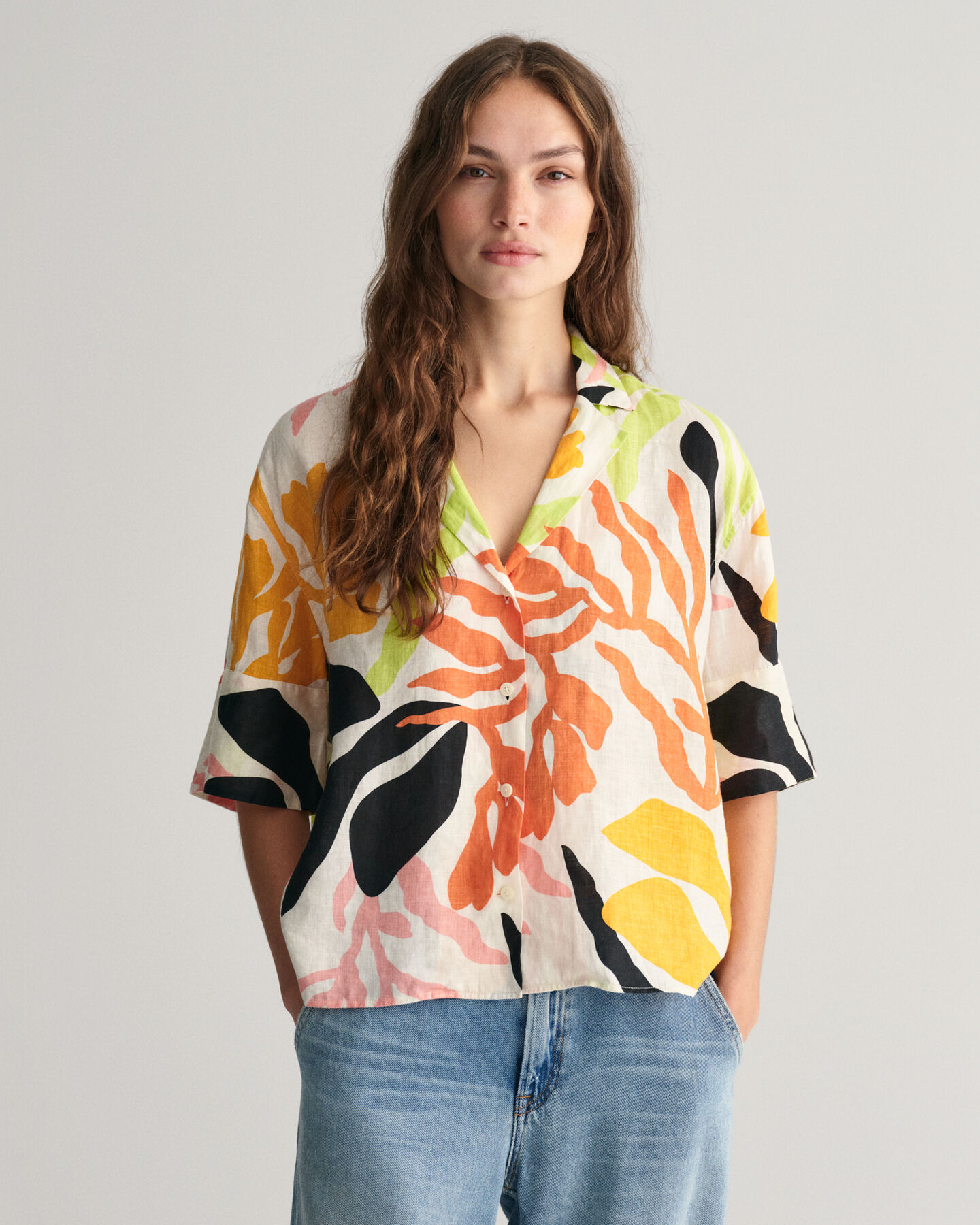 Camisa de manga curta em linho Palm Print relaxed fit