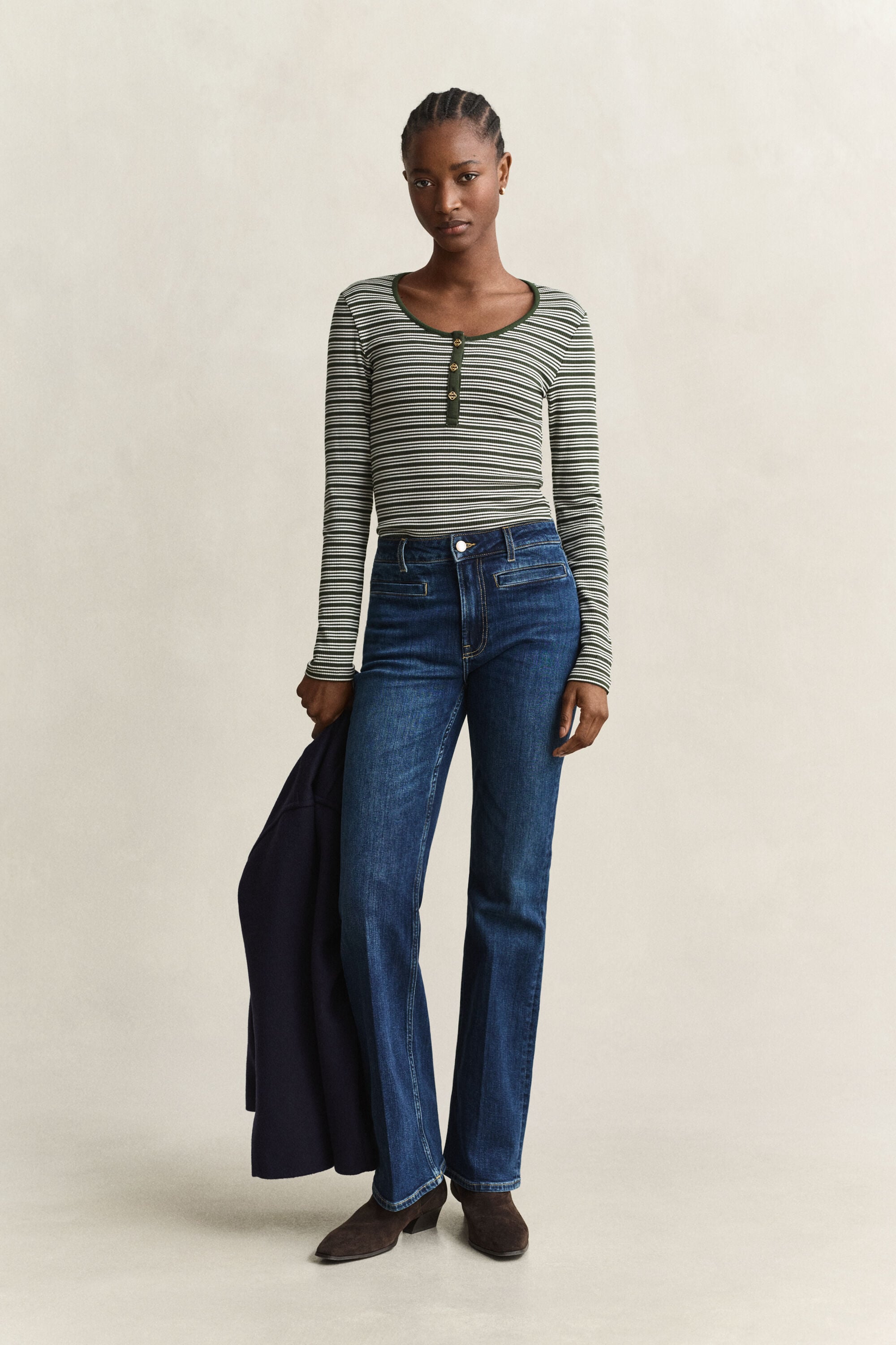 Camisola canelada de manga comprida Henley