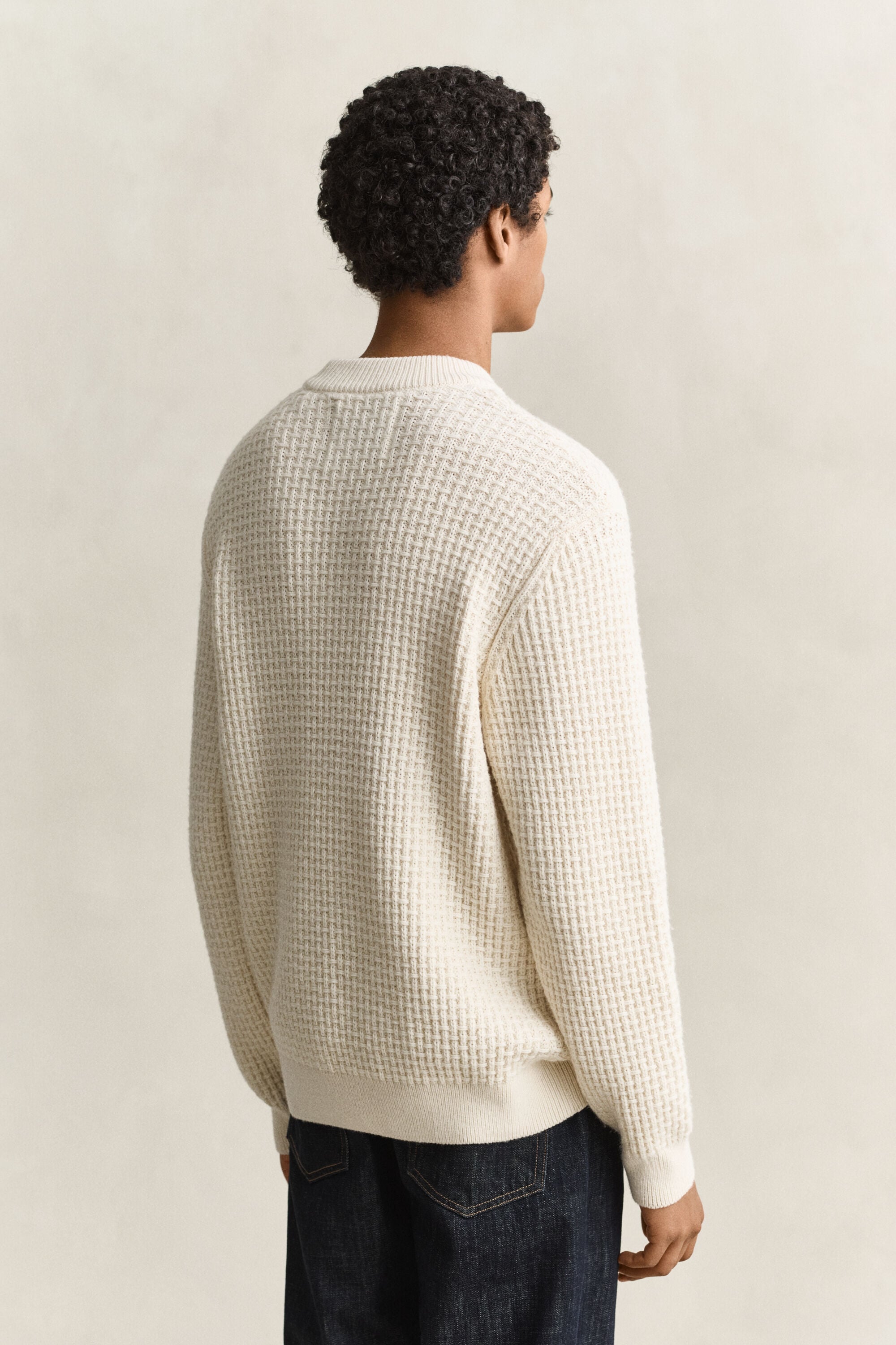 Camisola de malha texturizada com gola alta sem dobra em lã e algodão