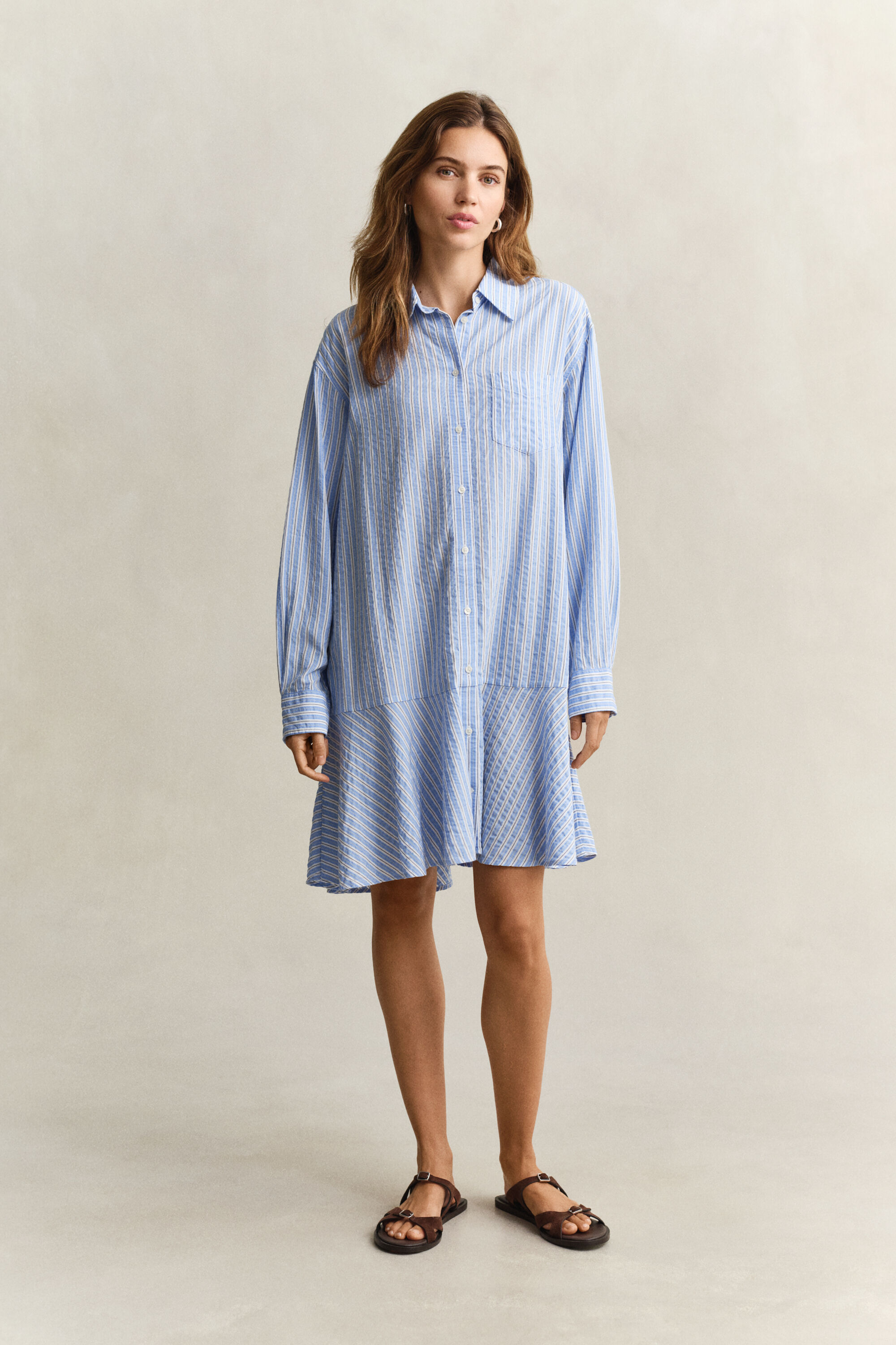 Vestido-camisa às riscas Seersucker