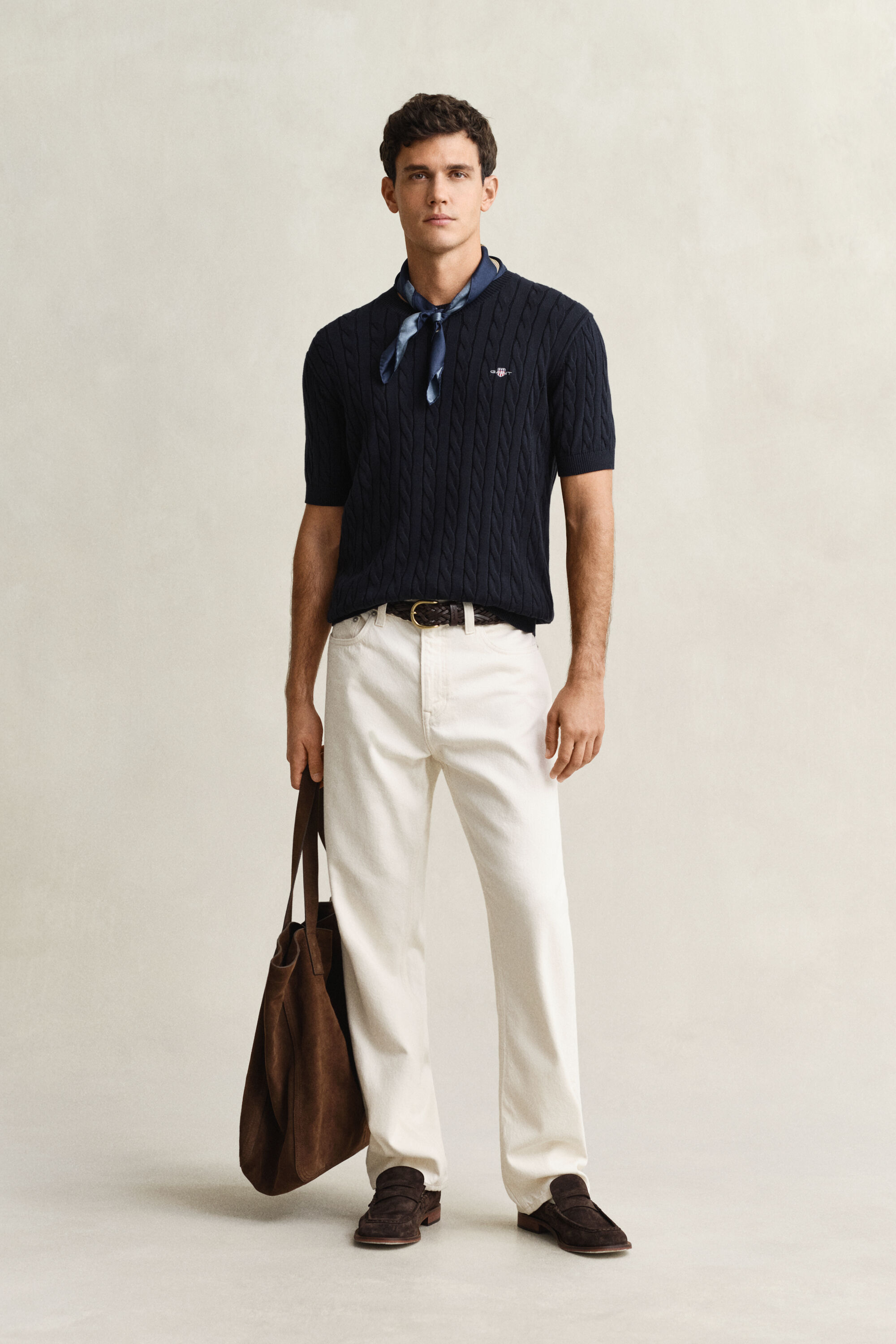 Camisola de manga curta em malha entrançada de algodão