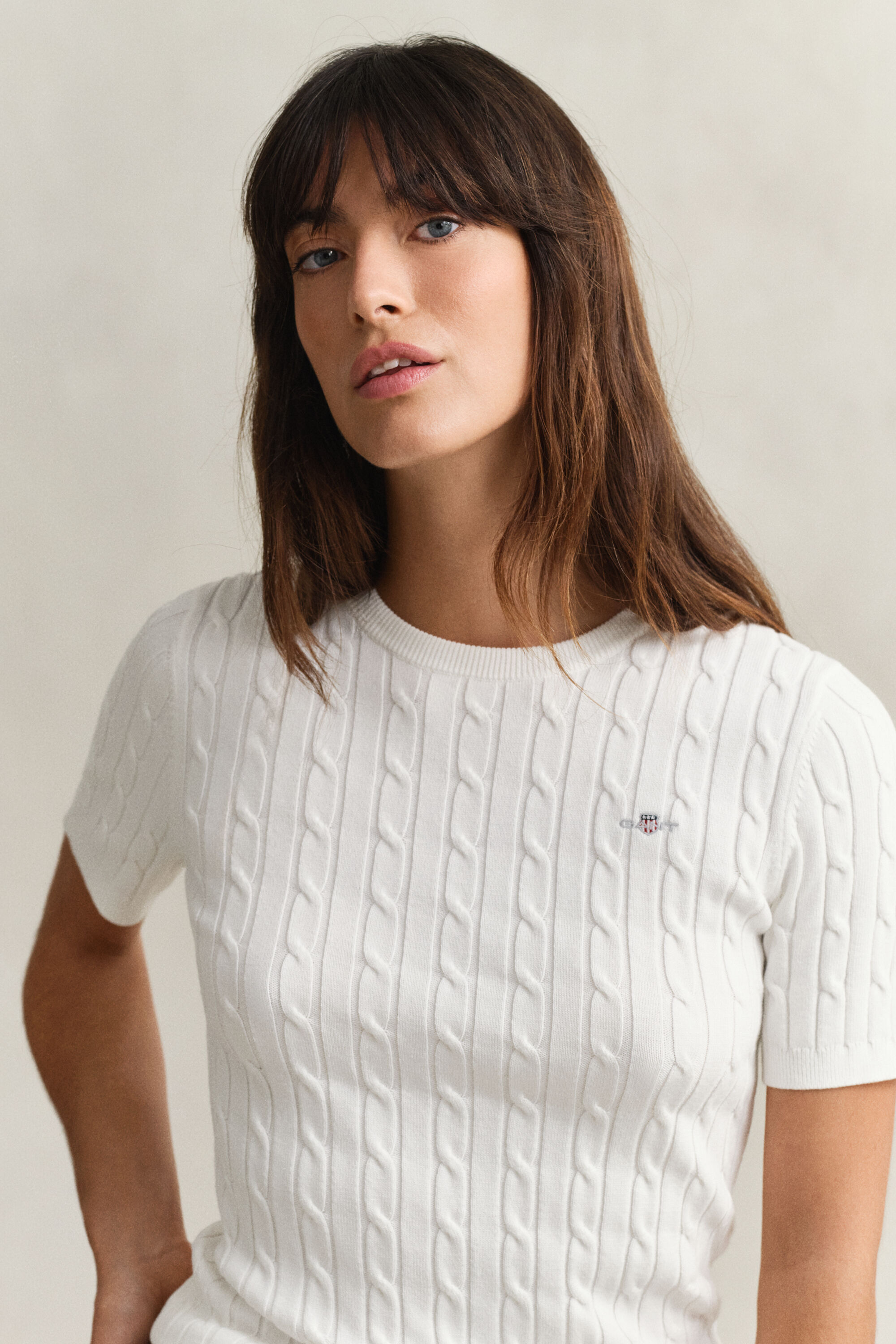 Camisola de manga curta em malha entrançada