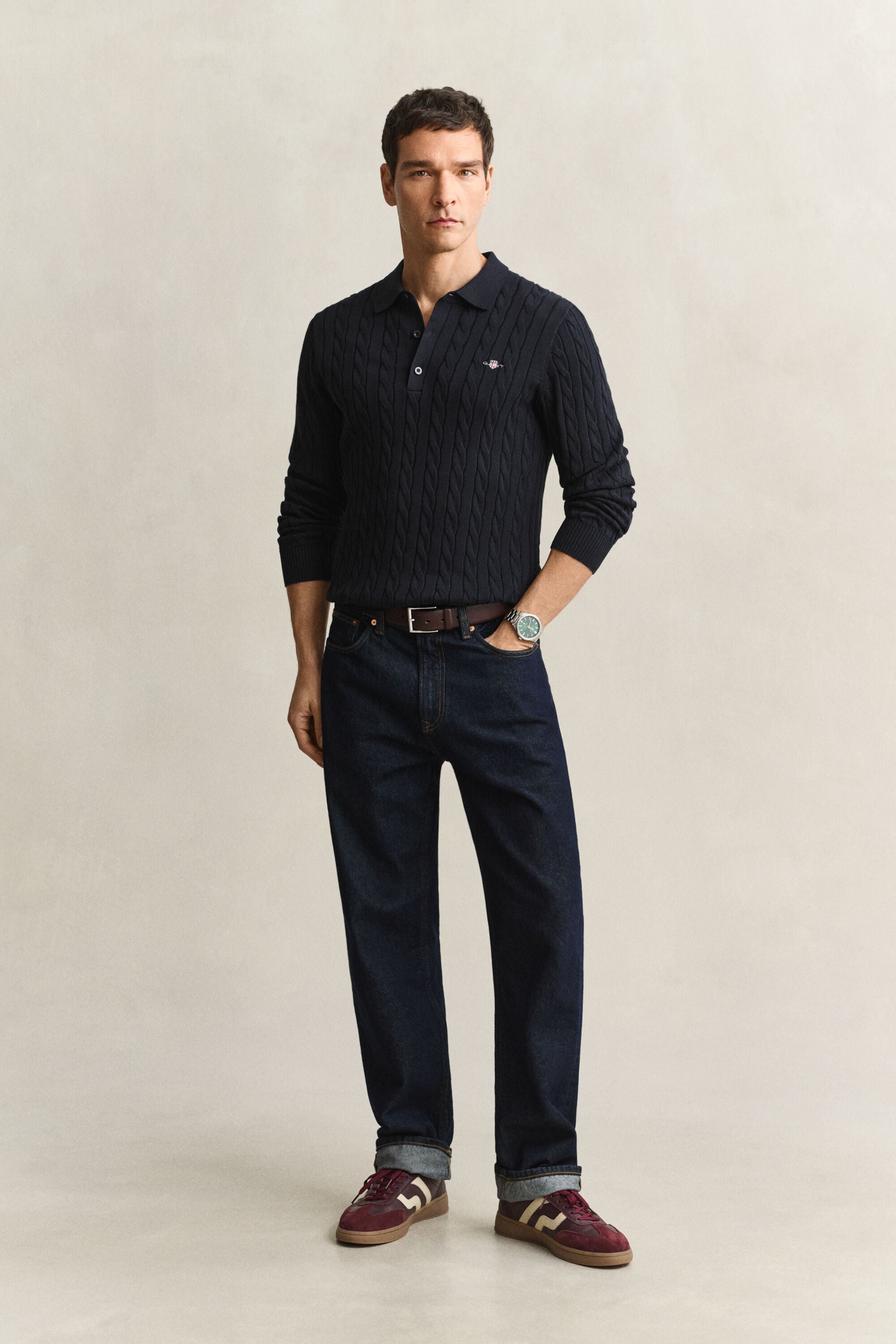 Camisola de malha tipo polo em malha entrançada de algodão