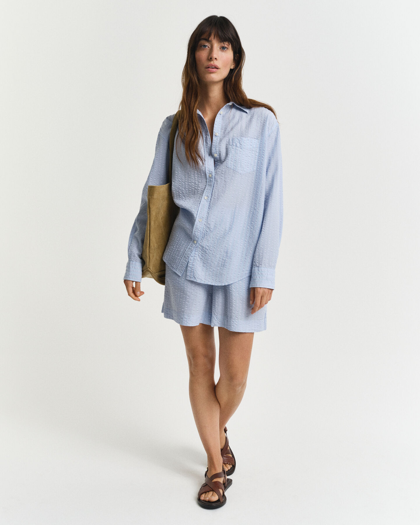 Camisa Seersucker &agrave;s riscas no mesmo tom relaxed fit