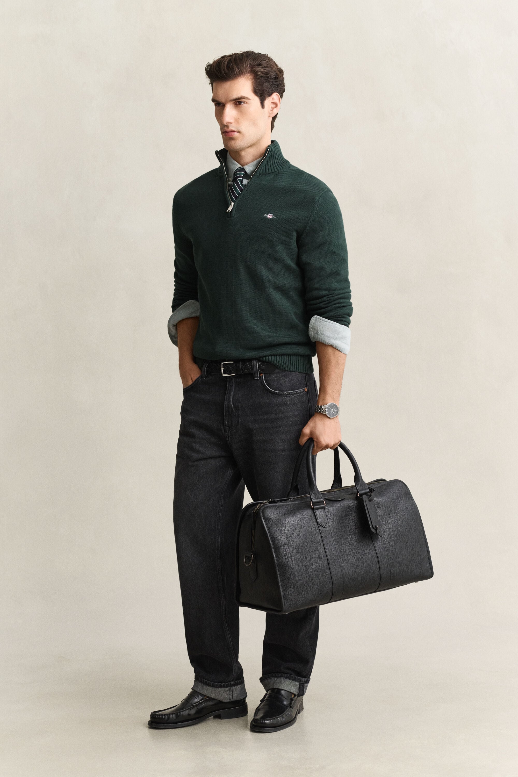 Camisola de malha em algodão com meio fecho Casual