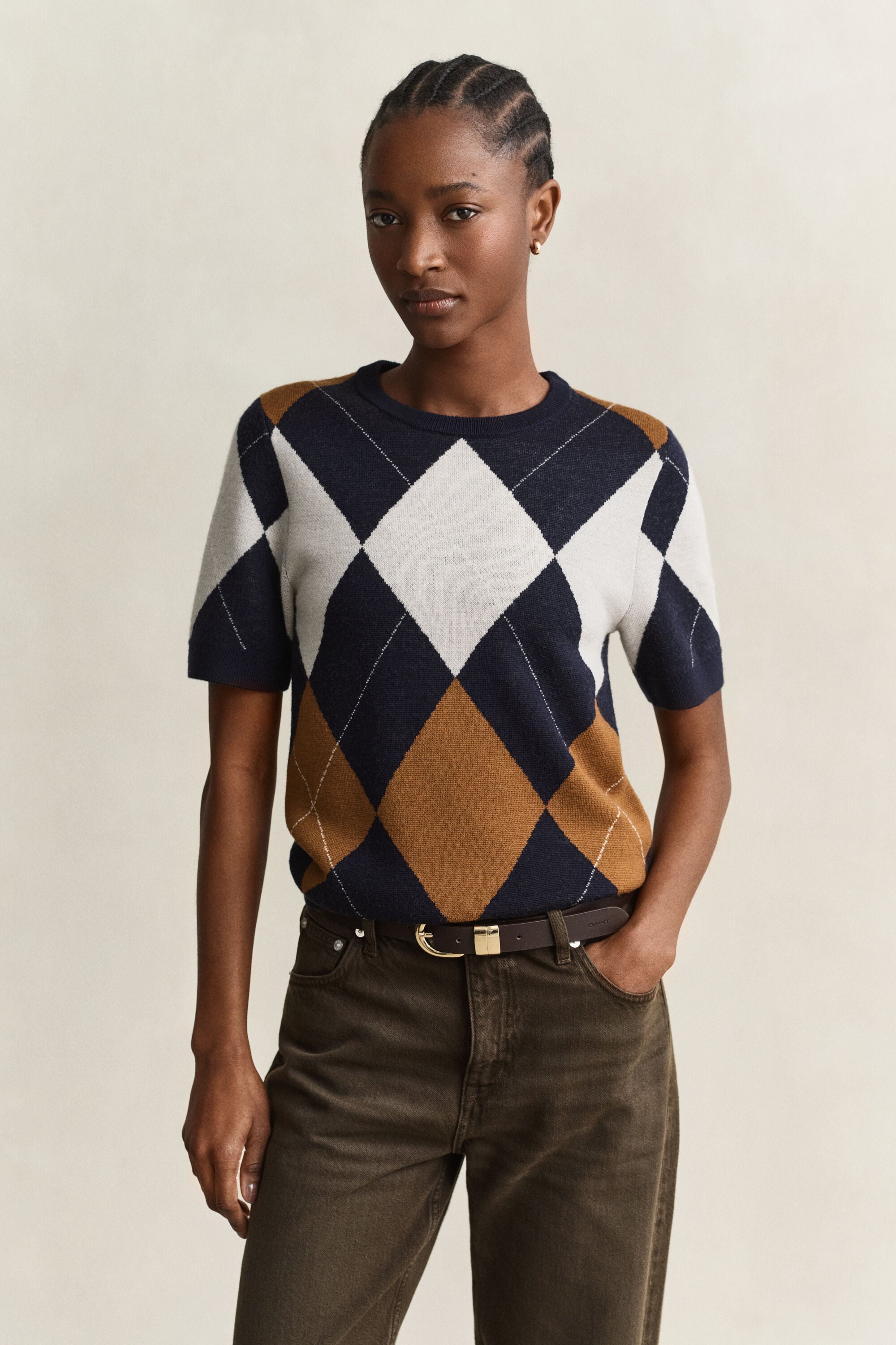 Camisola de malha com manga curta em lã Argyle