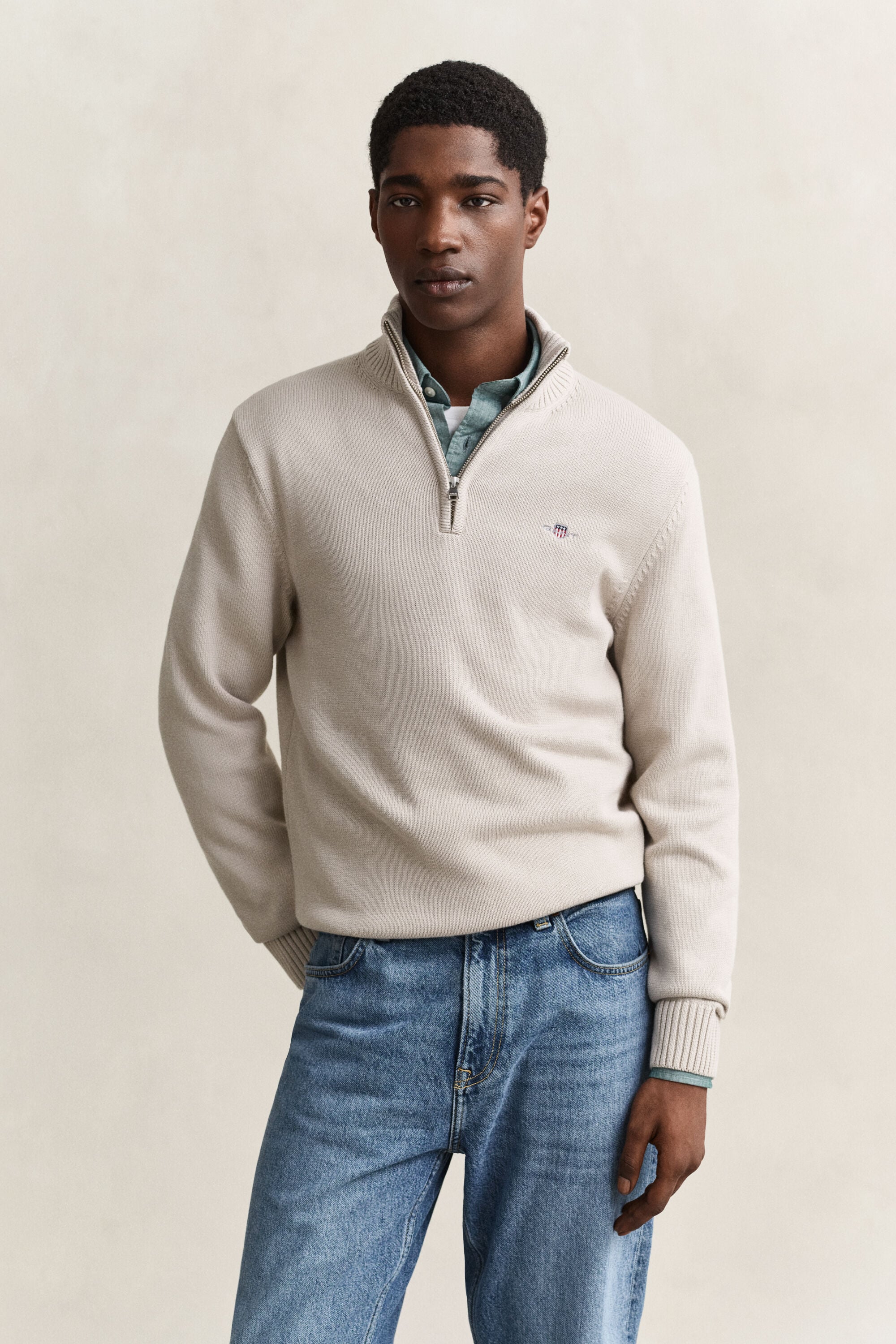 Camisola de malha em algodão com meio fecho Casual