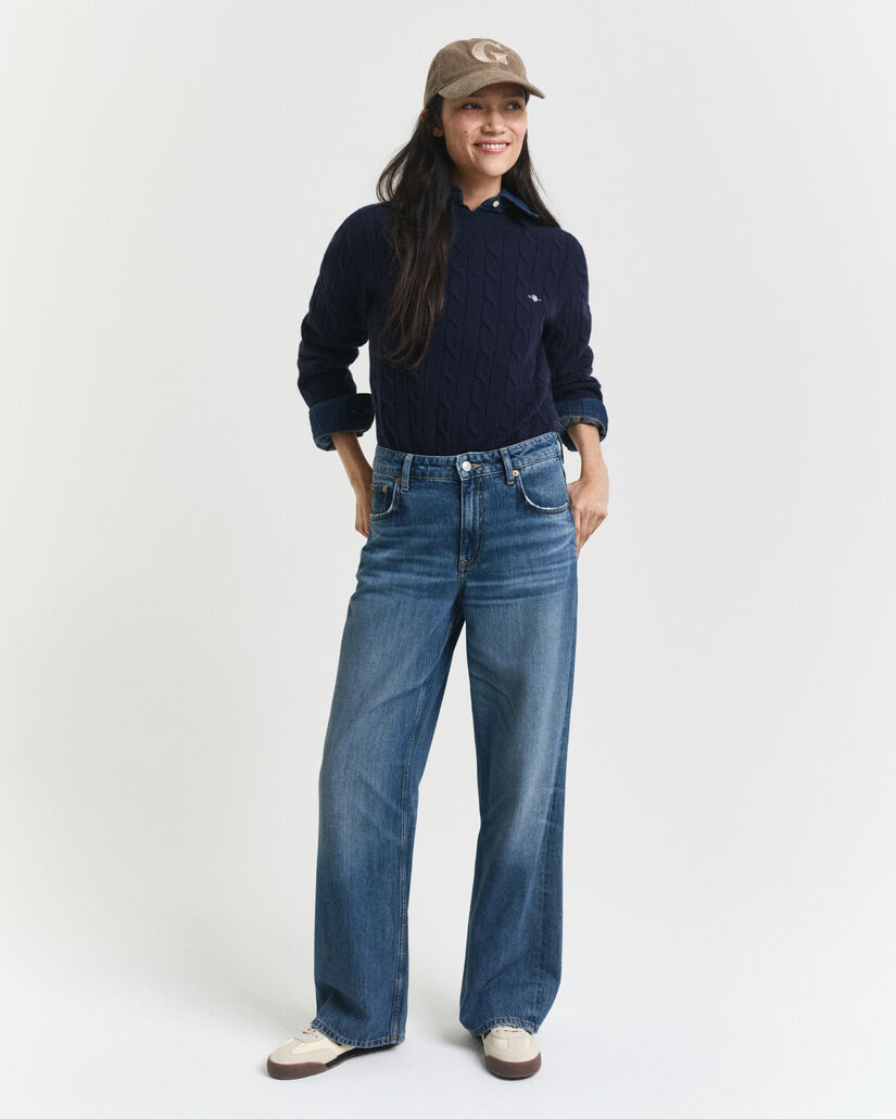 Camisola de malha entrançada de lã com decote redondo