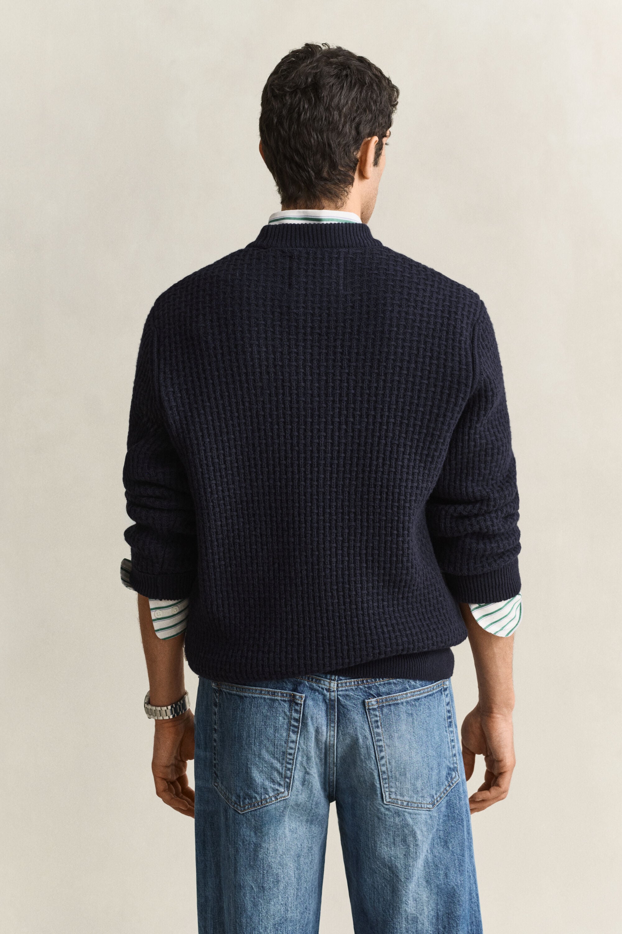 Camisola de malha texturizada com gola alta sem dobra em lã e algodão