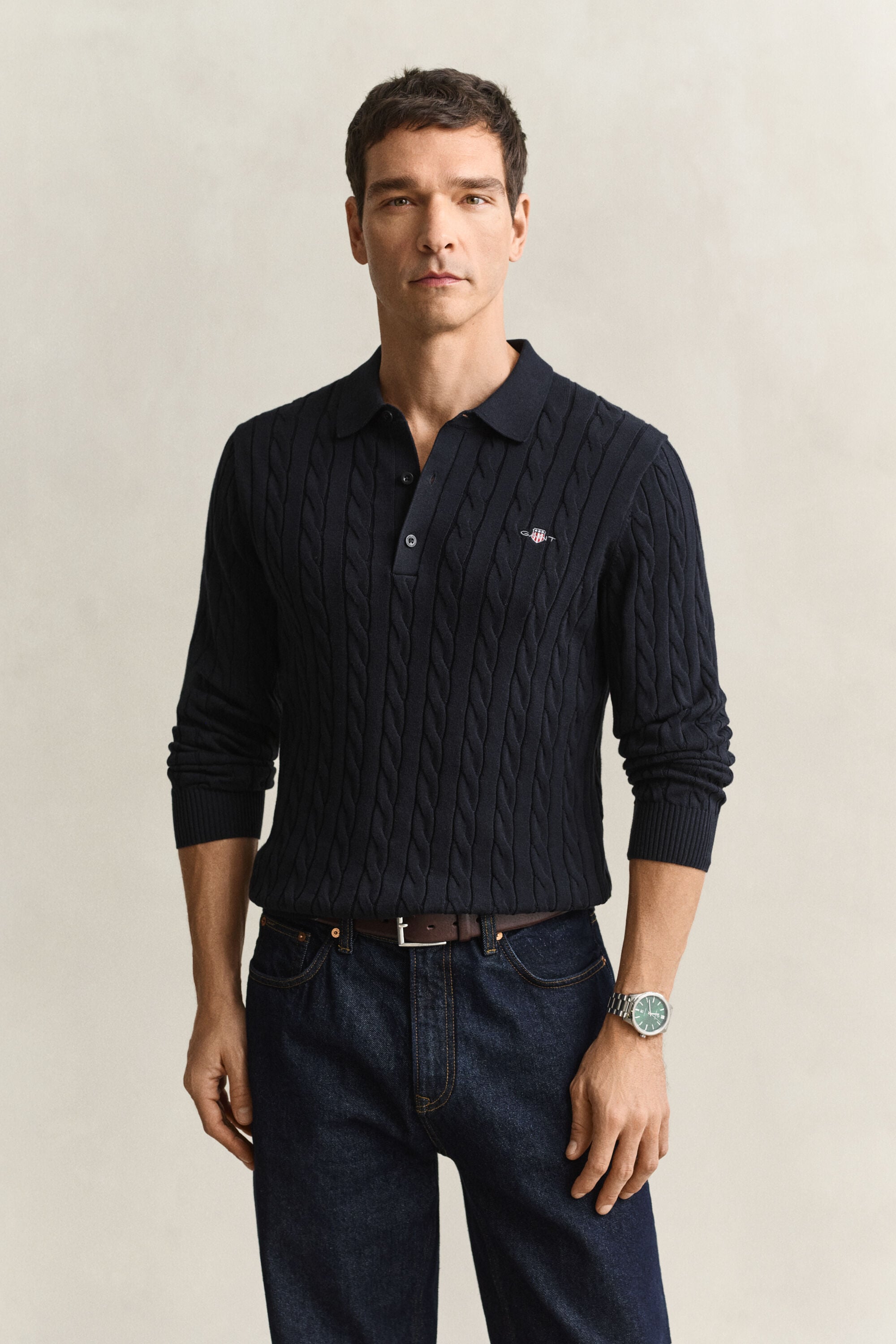 Camisola de malha tipo polo em malha entrançada de algodão