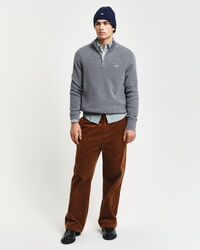 Camisola de malha canelada em l&atilde; e algod&atilde;o com meio fecho de correr