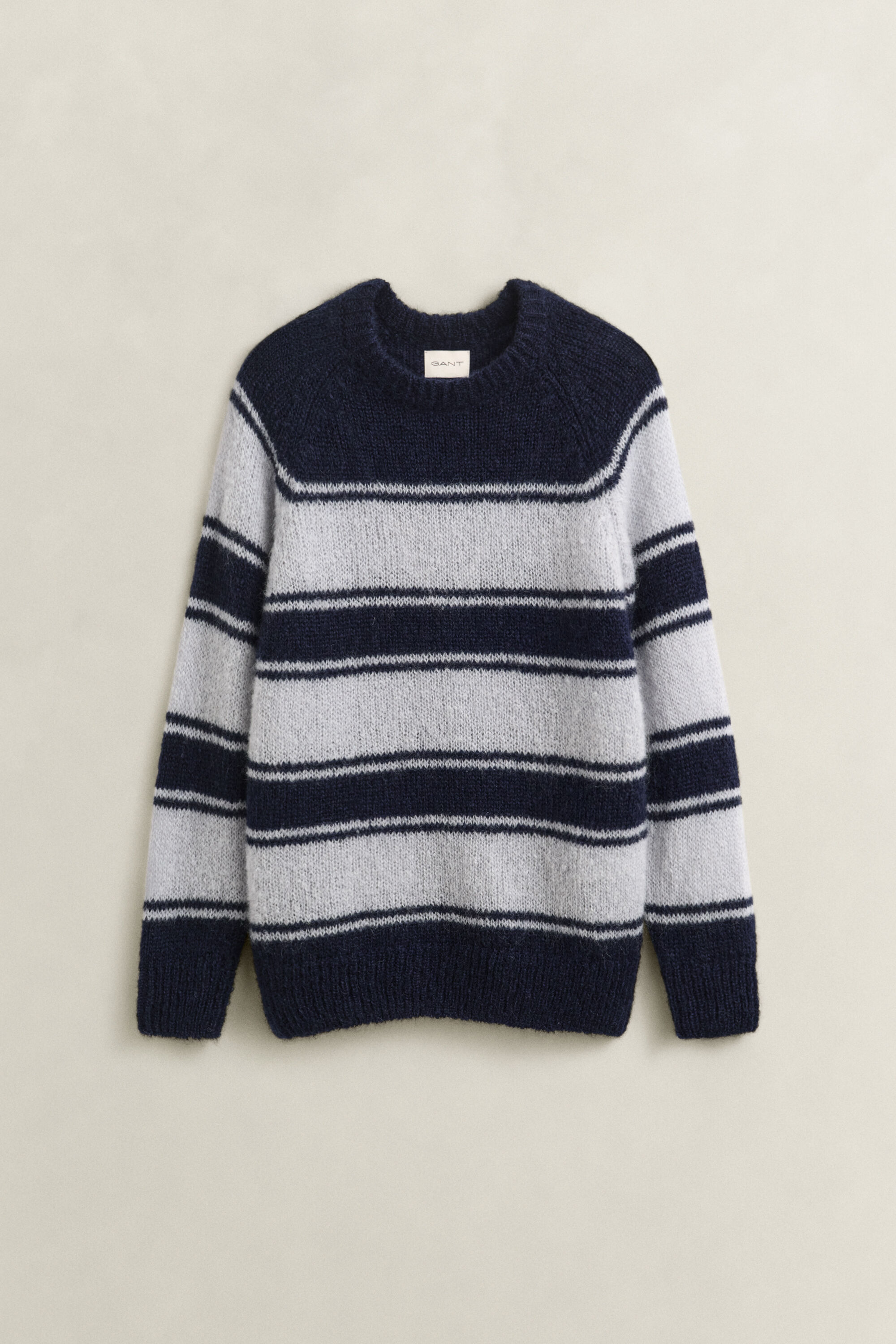 Camisola de malha com decote redondo em mistura de Mohair às riscas