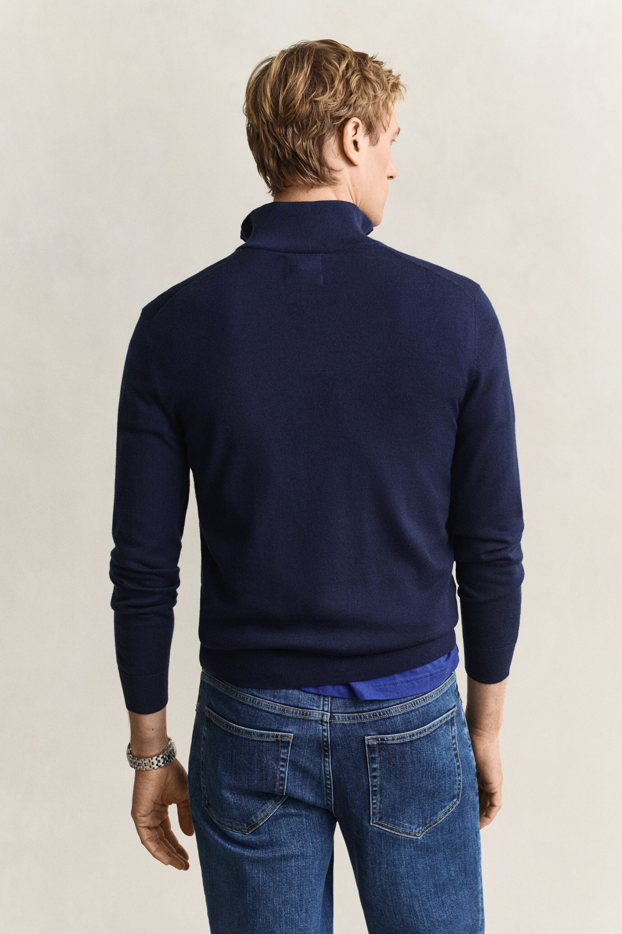 Camisola de malha com meio fecho de correr em lã de merino
