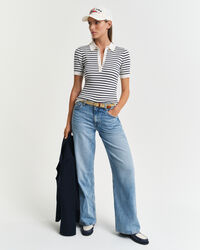 Rugger de manga curta em malha canelada às riscas