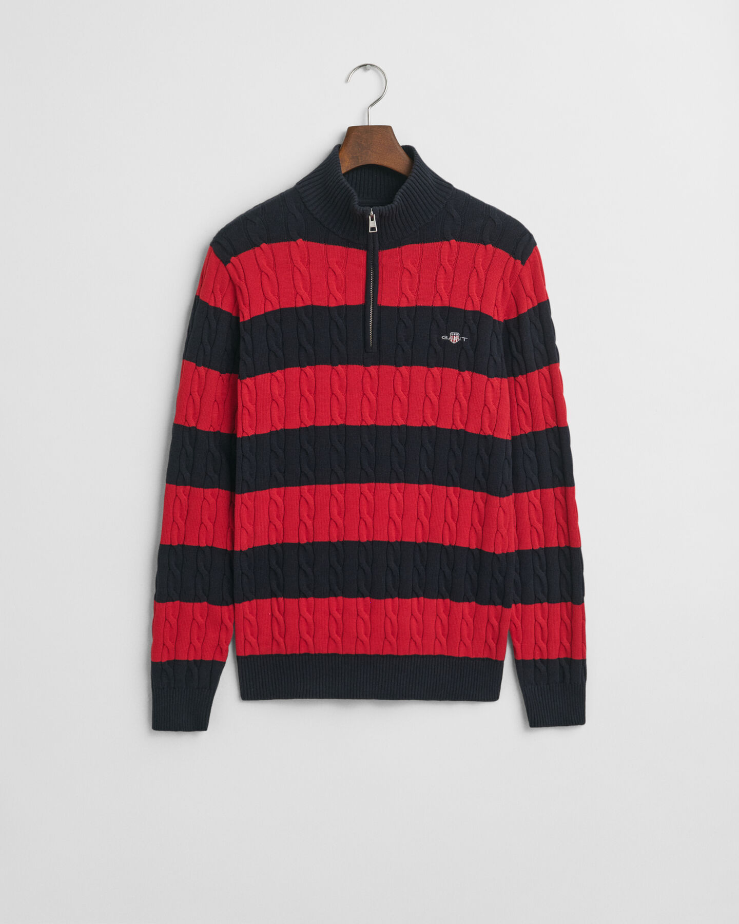 Camisola de malha entran&ccedil;ada de algod&atilde;o &agrave;s riscas com meio fecho de correr