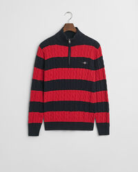 Camisola de malha entran&ccedil;ada de algod&atilde;o &agrave;s riscas com meio fecho de correr