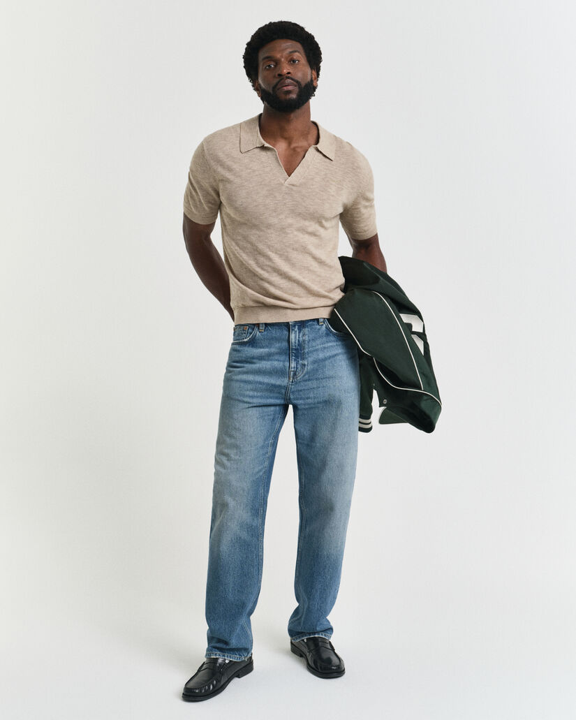 Camisola de malha estilo polo com manga curta em mistura de linho