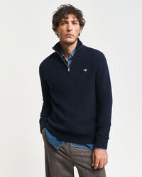 Camisola de malha com meio fecho em algod&atilde;o texturizado