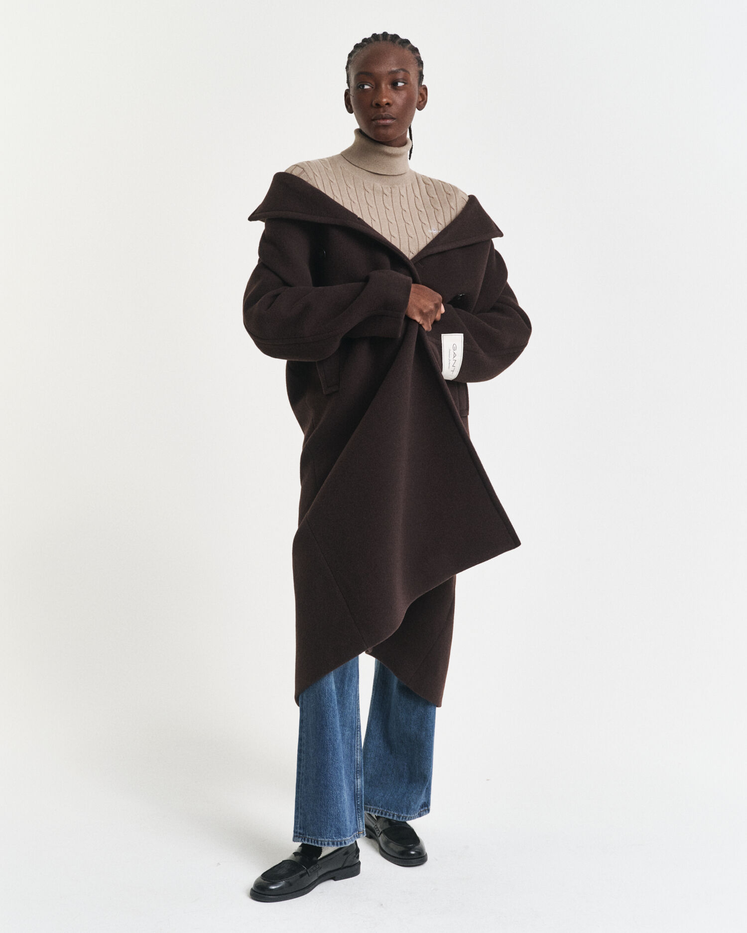 Camisola de gola alta em malha entrançada de algodão com elastano