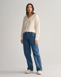 Pulover com decote em V em l&atilde; canelada