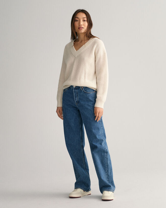 Pulover com decote em V em l&atilde; canelada