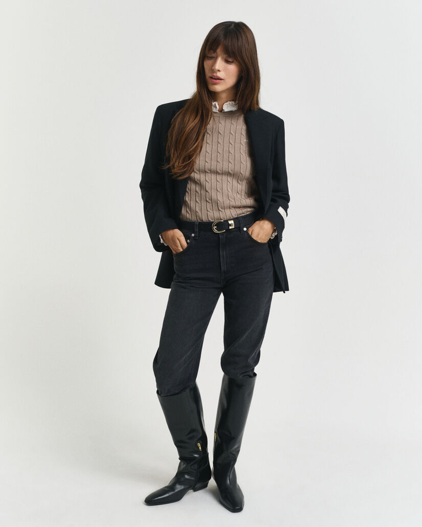 Camisola de malha entrançada com decote redondo em algodão com elastano