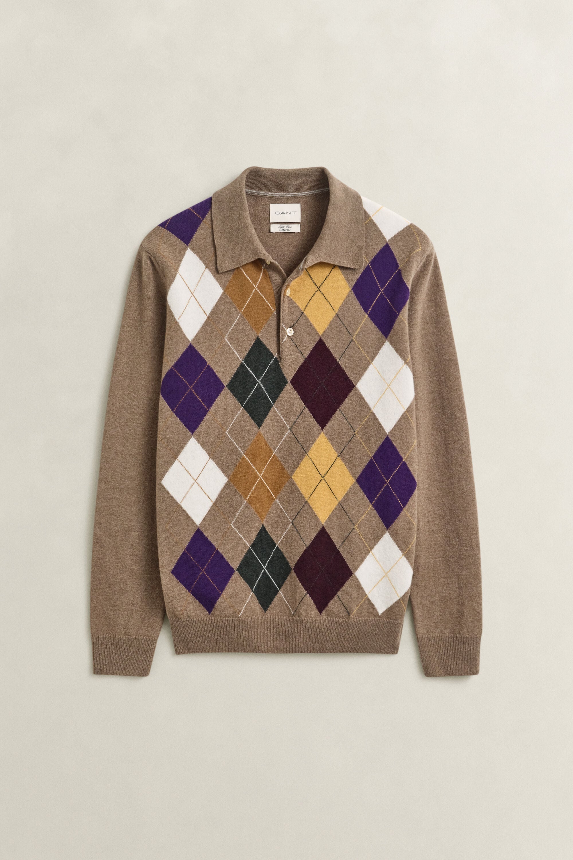 Camisola de malha tipo polo em lã extrafina Argyle