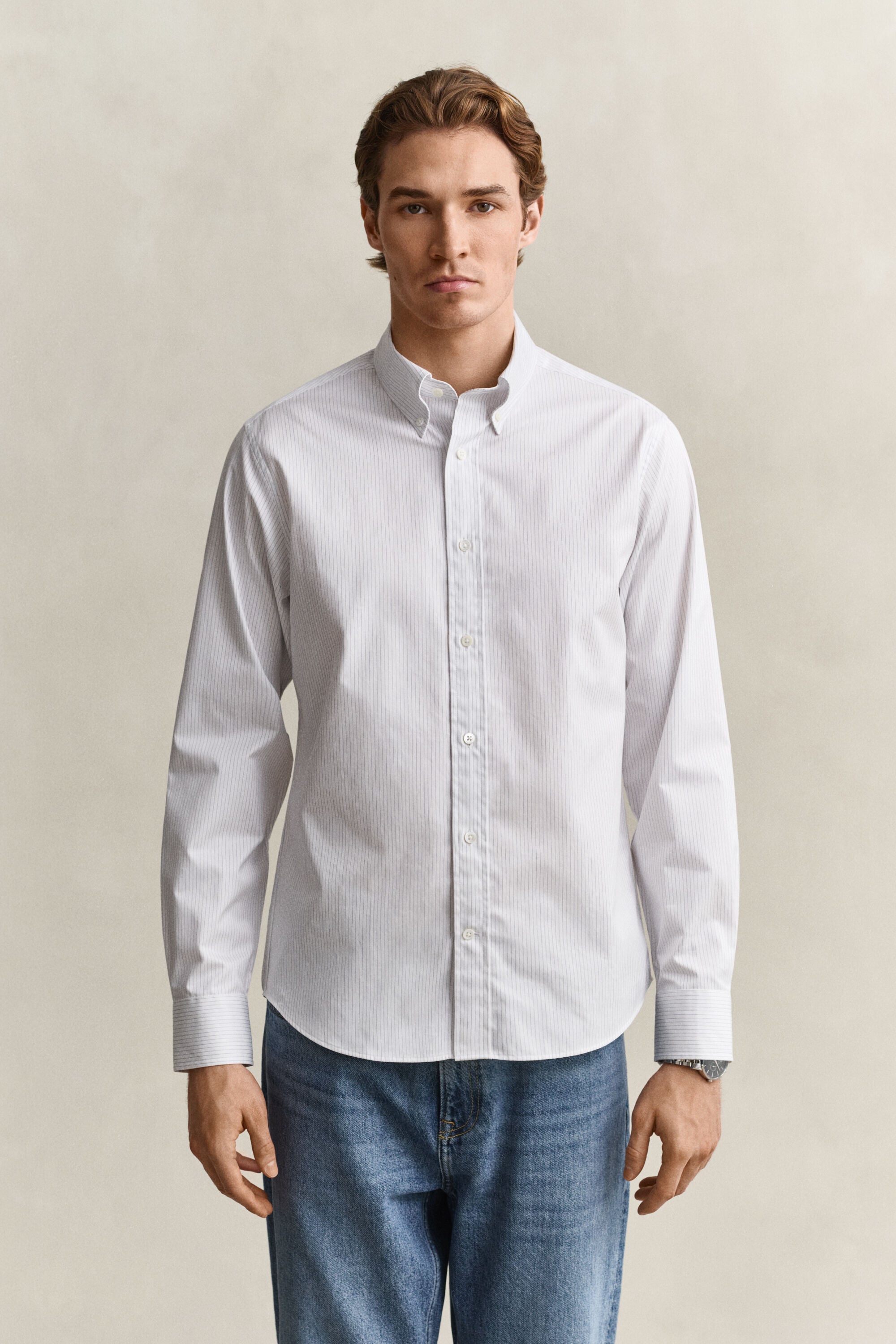 Vestido-camisa em sarja às riscas
