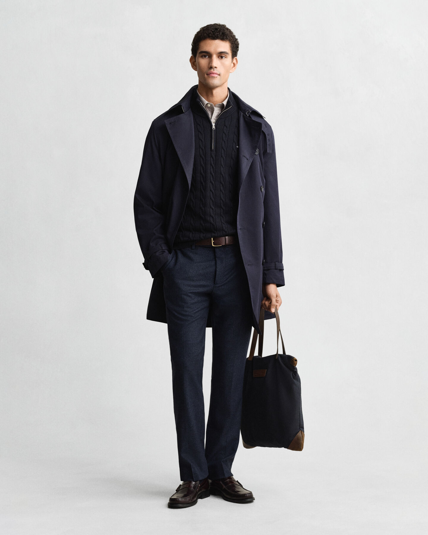 Camisola de malha entrançada de algodão com meio fecho de correr