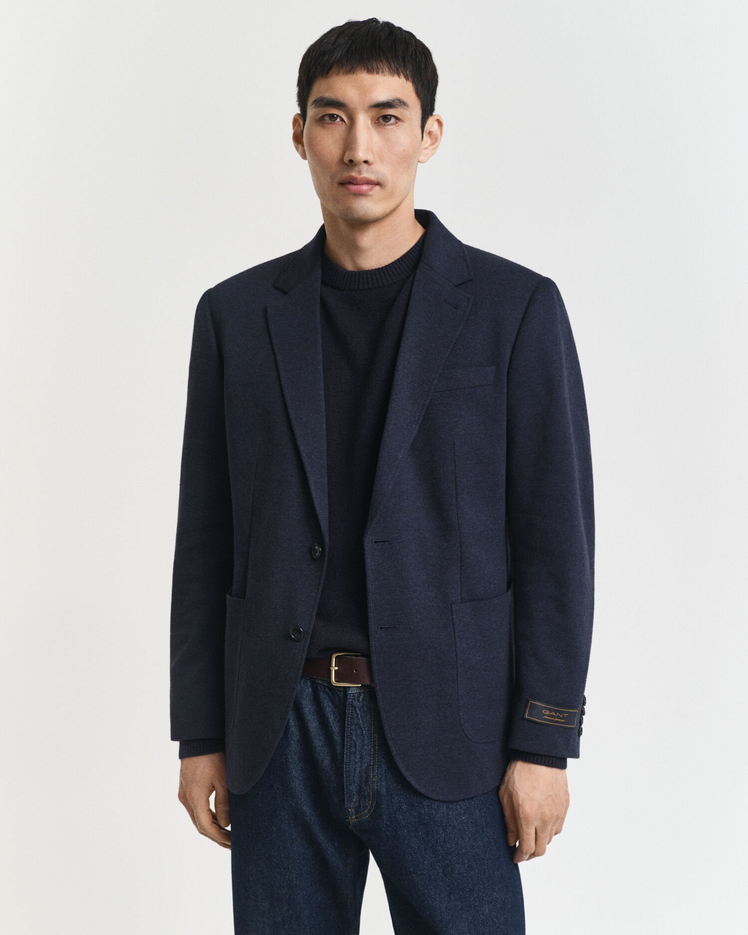 Blazer em jersey e algodão piqué com dois tons slim fit