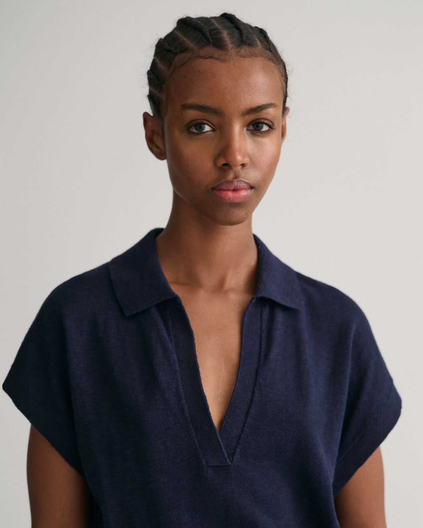 Vestido em mistura de linho com colarinho