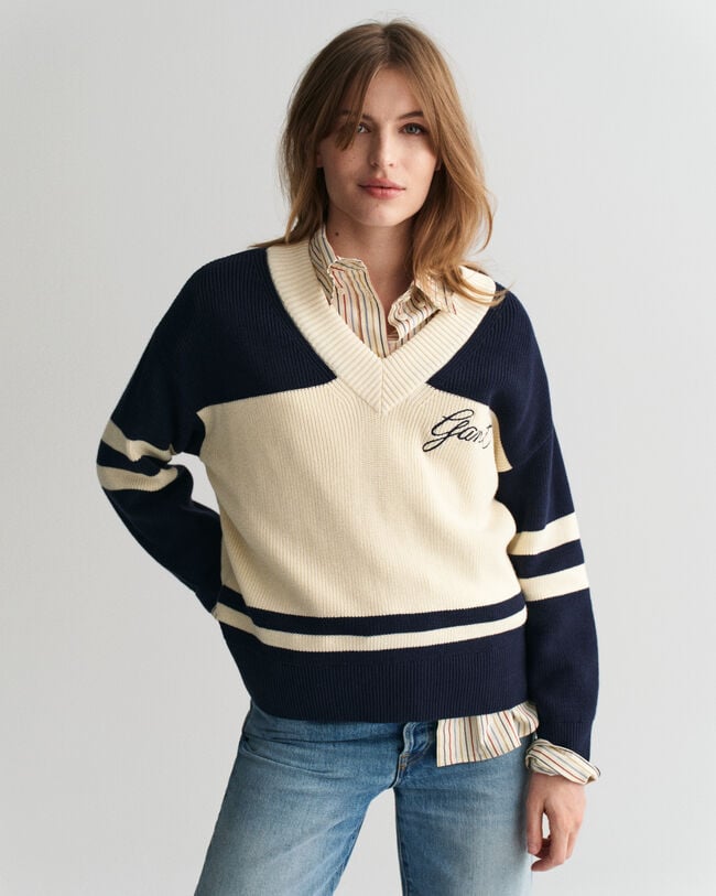 Pulover com decote em V de algodão GANT Varsity