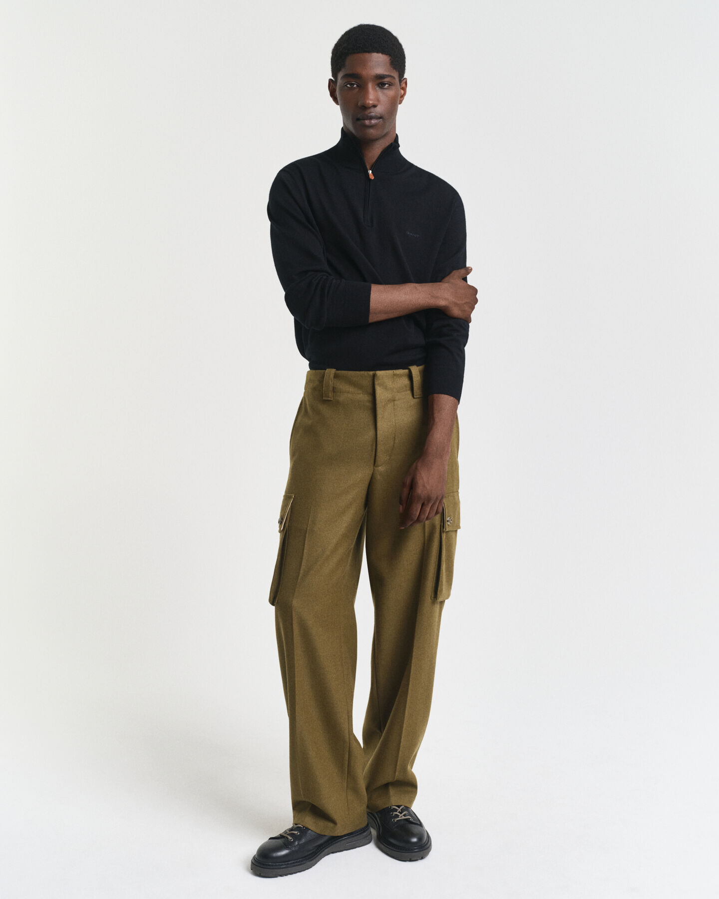 Camisola de malha com meio fecho de correr em lã de merino extrafina