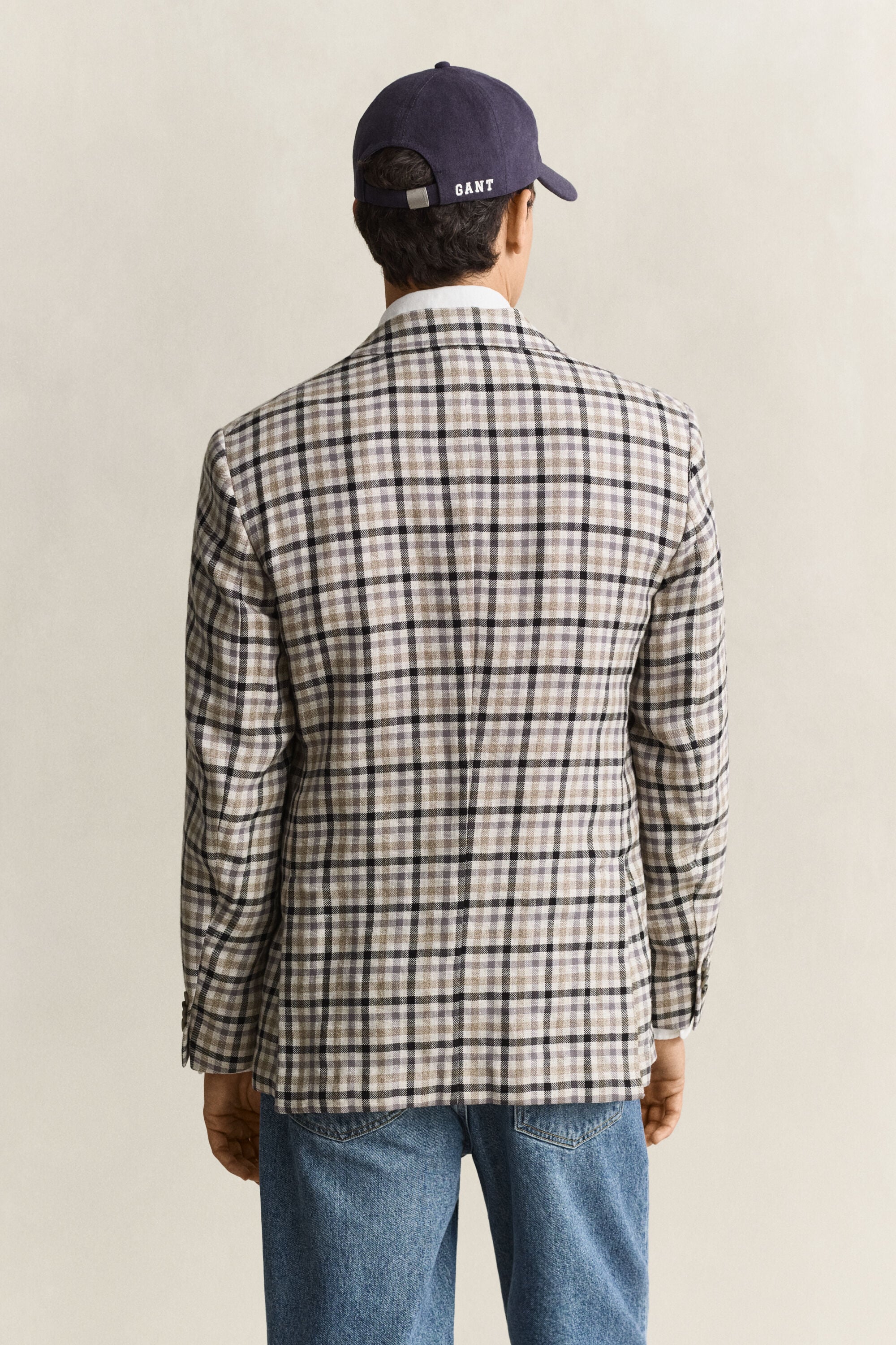 Blazer com padrão de xadrez em lã e linho