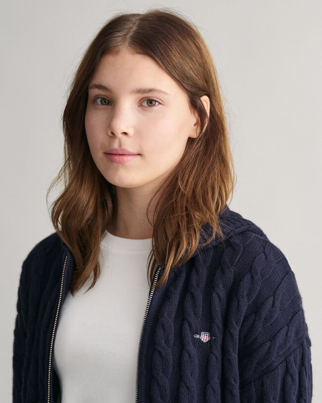 Casaco de malha entran&ccedil;ada curto com capuz e fecho Shield Teen Girls