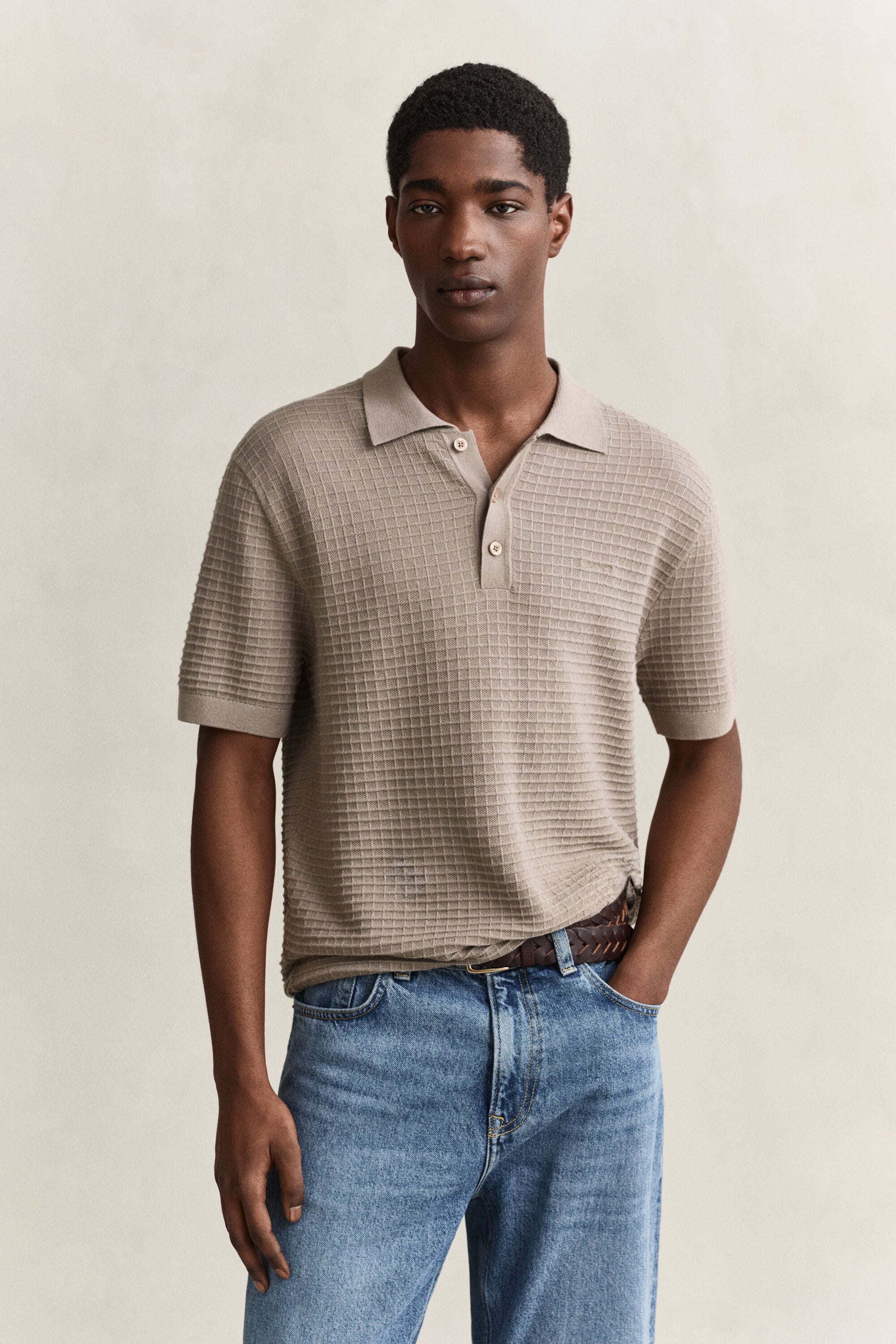 Camisola de malha texturizada tipo polo