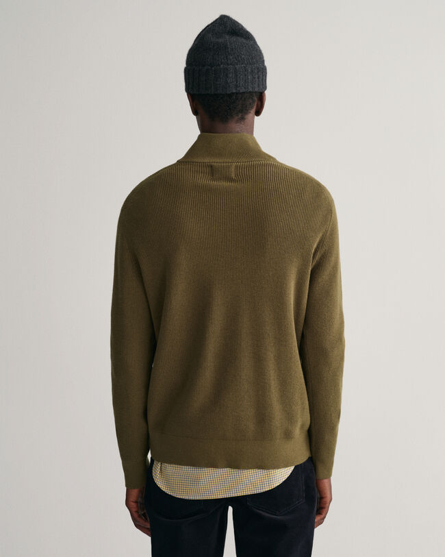 Sweatshirt de malha canelada em lã e algodão com meio fecho de correr