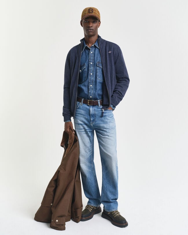 Casaco de malha com fecho em lã extrafina