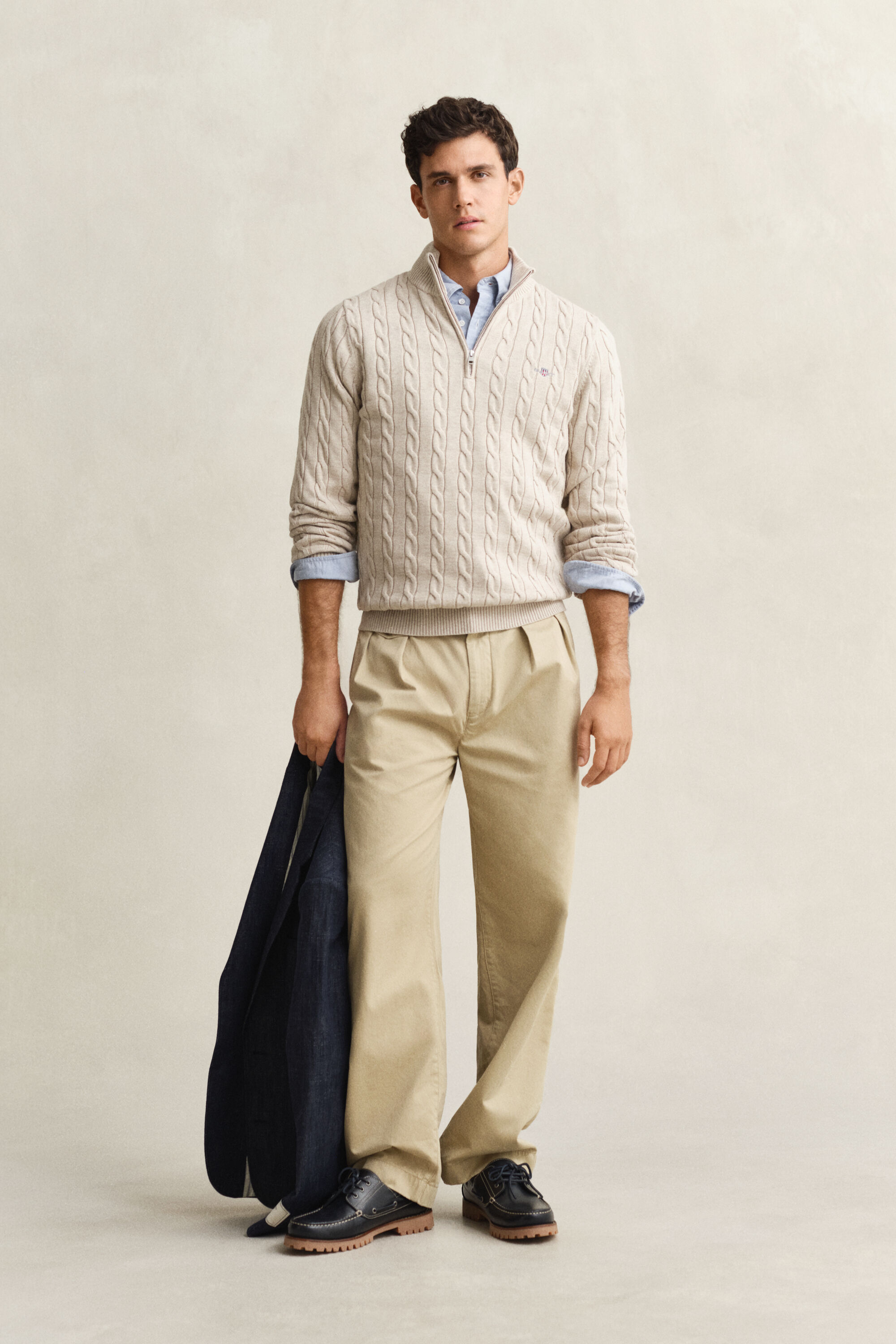 Camisola de malha entrançada de algodão com meio fecho de correr