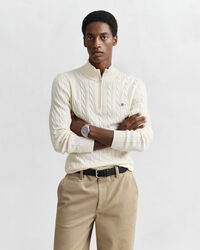 Camisola de malha entrançada de algodão com meio fecho de correr