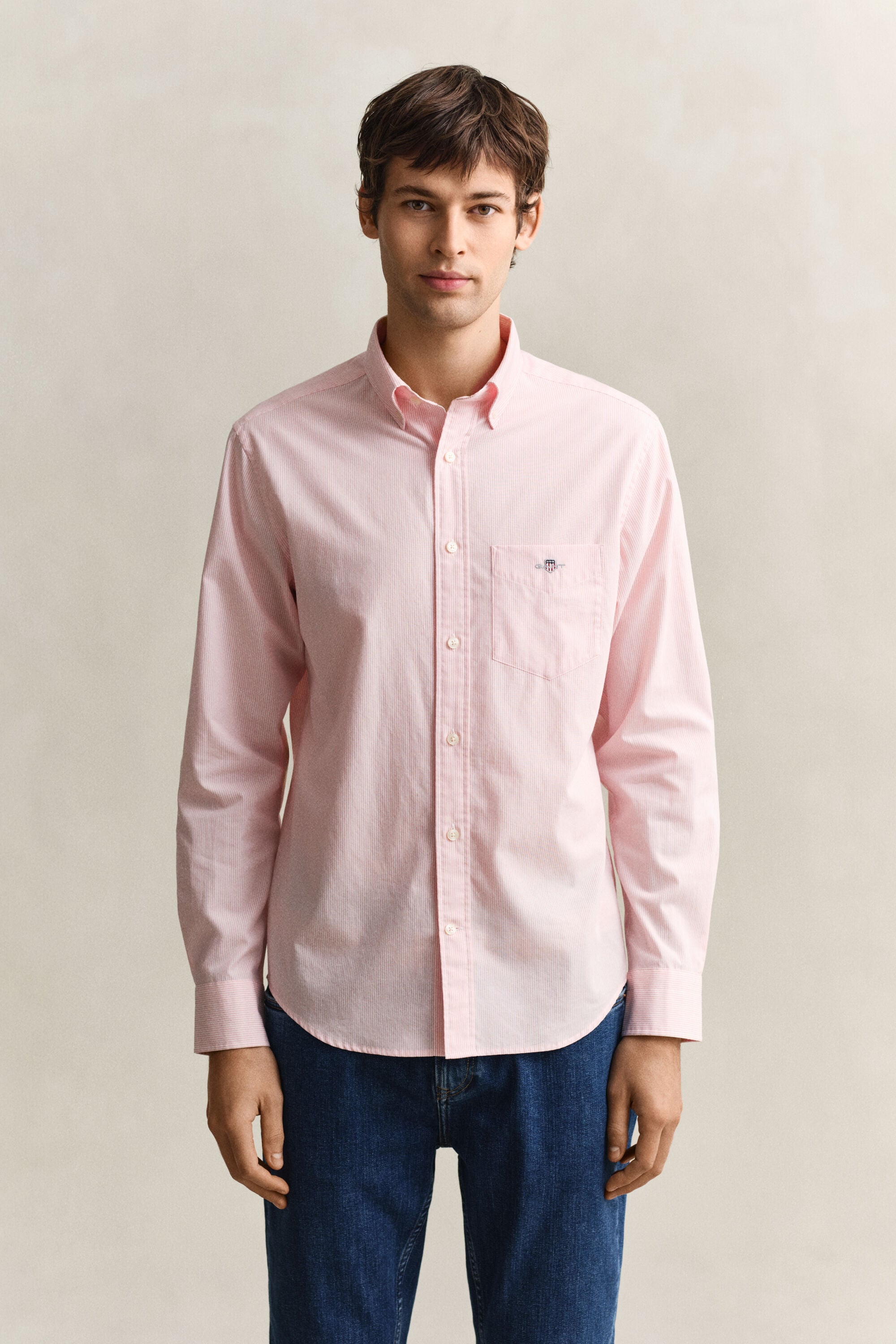 Camisa em popelina às riscas finas Classic