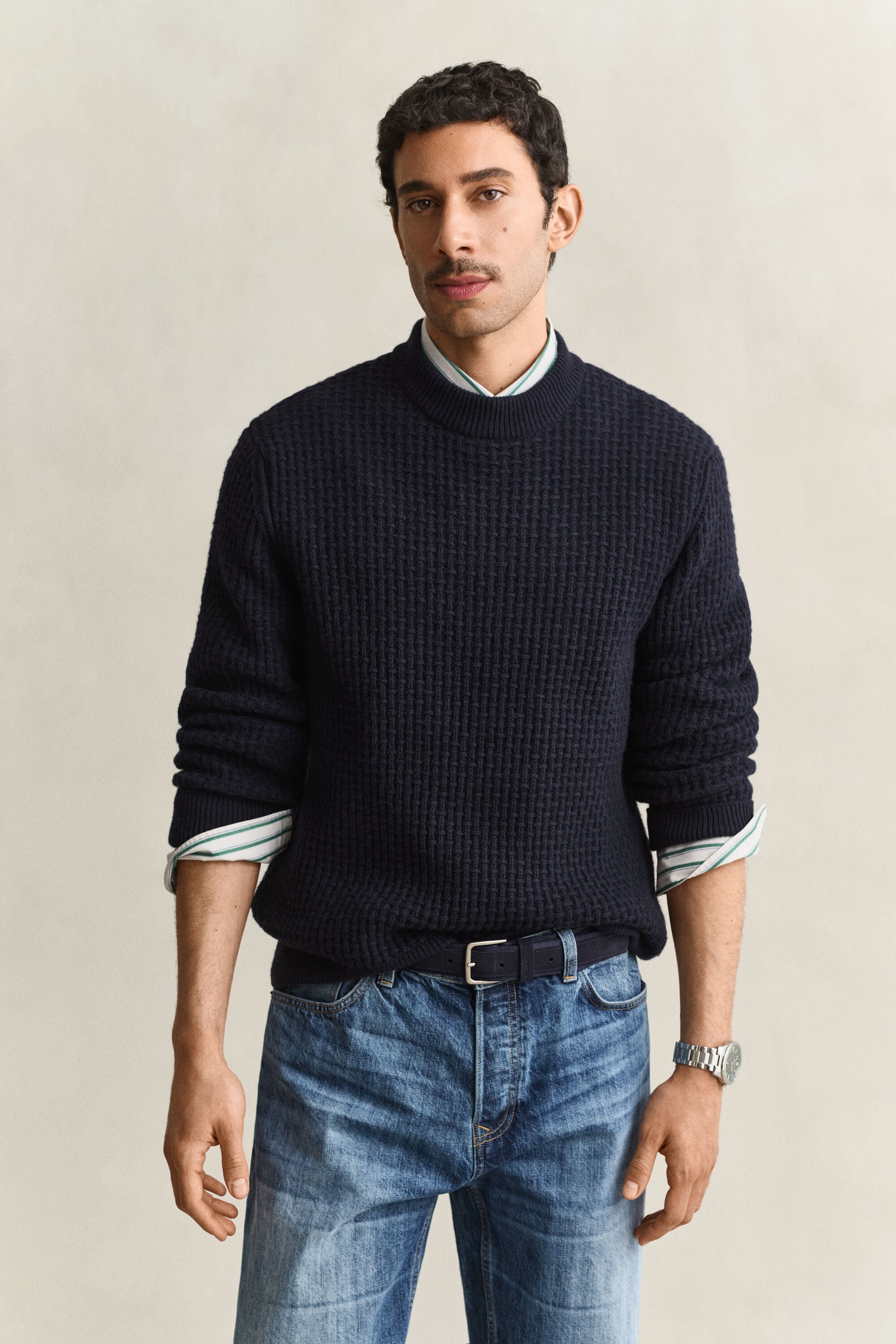 Camisola de malha texturizada com gola alta sem dobra em lã e algodão