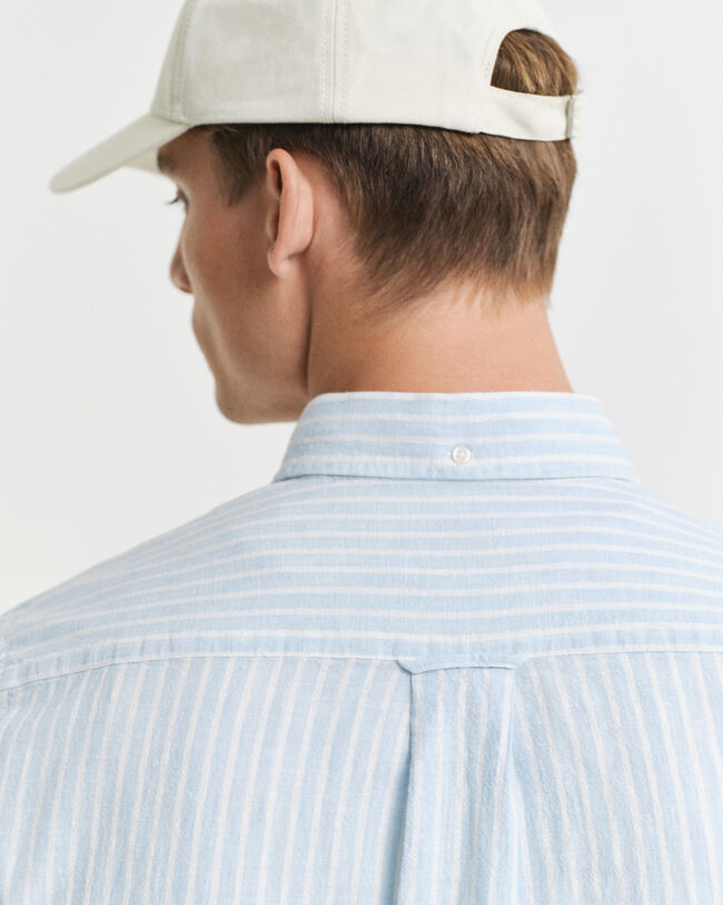 Camisa de manga curta em linho e algodão às riscas regular fit