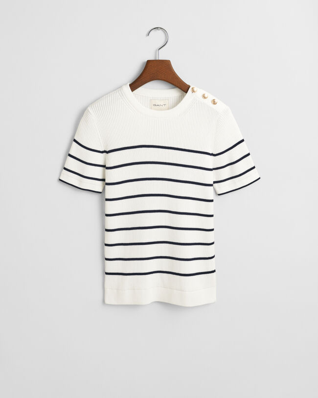 Camisola de malha canelada com decote redondo e riscas de marinheiro